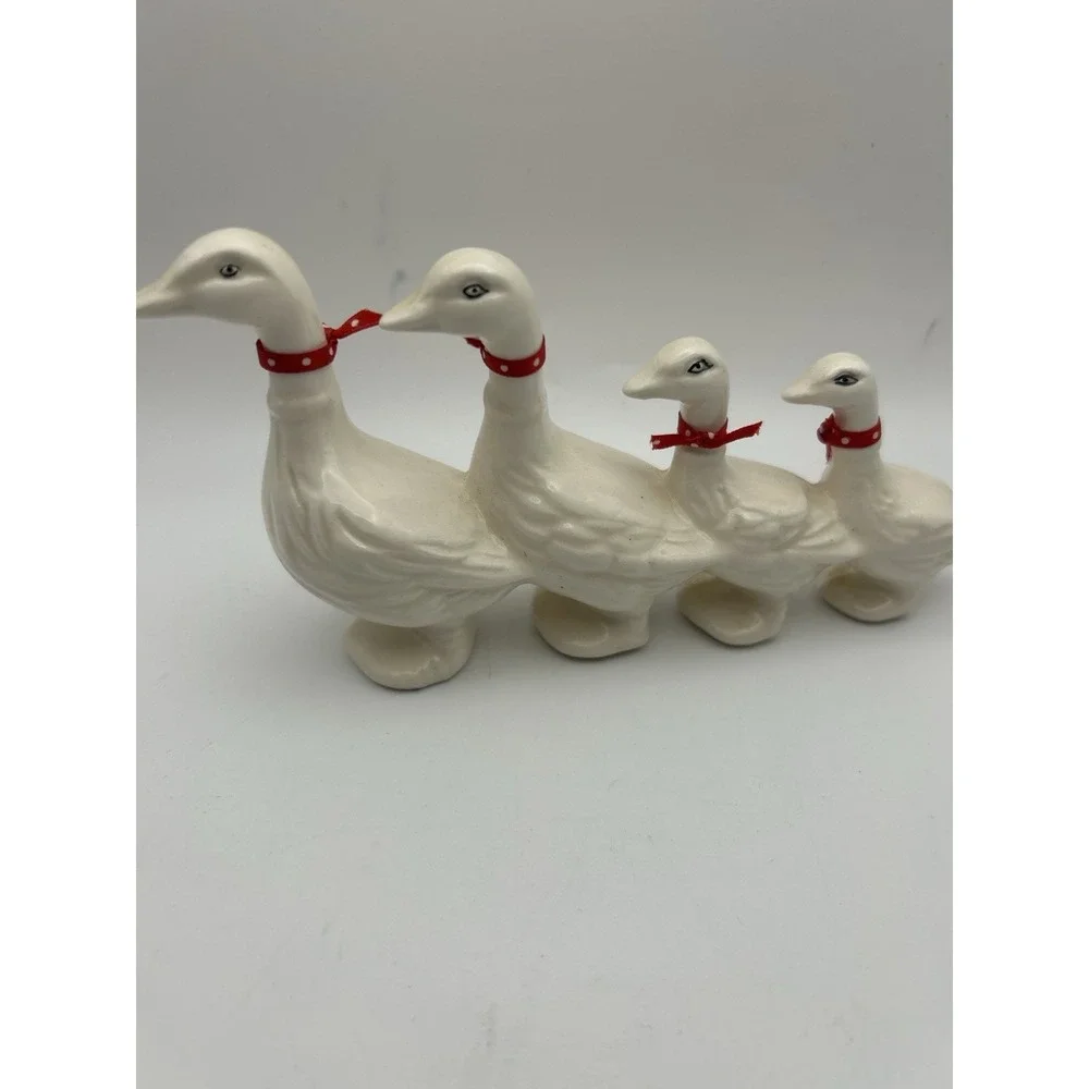 Vintage White Goose Figurines Set of 4 Red Ribbon Collars Farmhouse‎ Decor